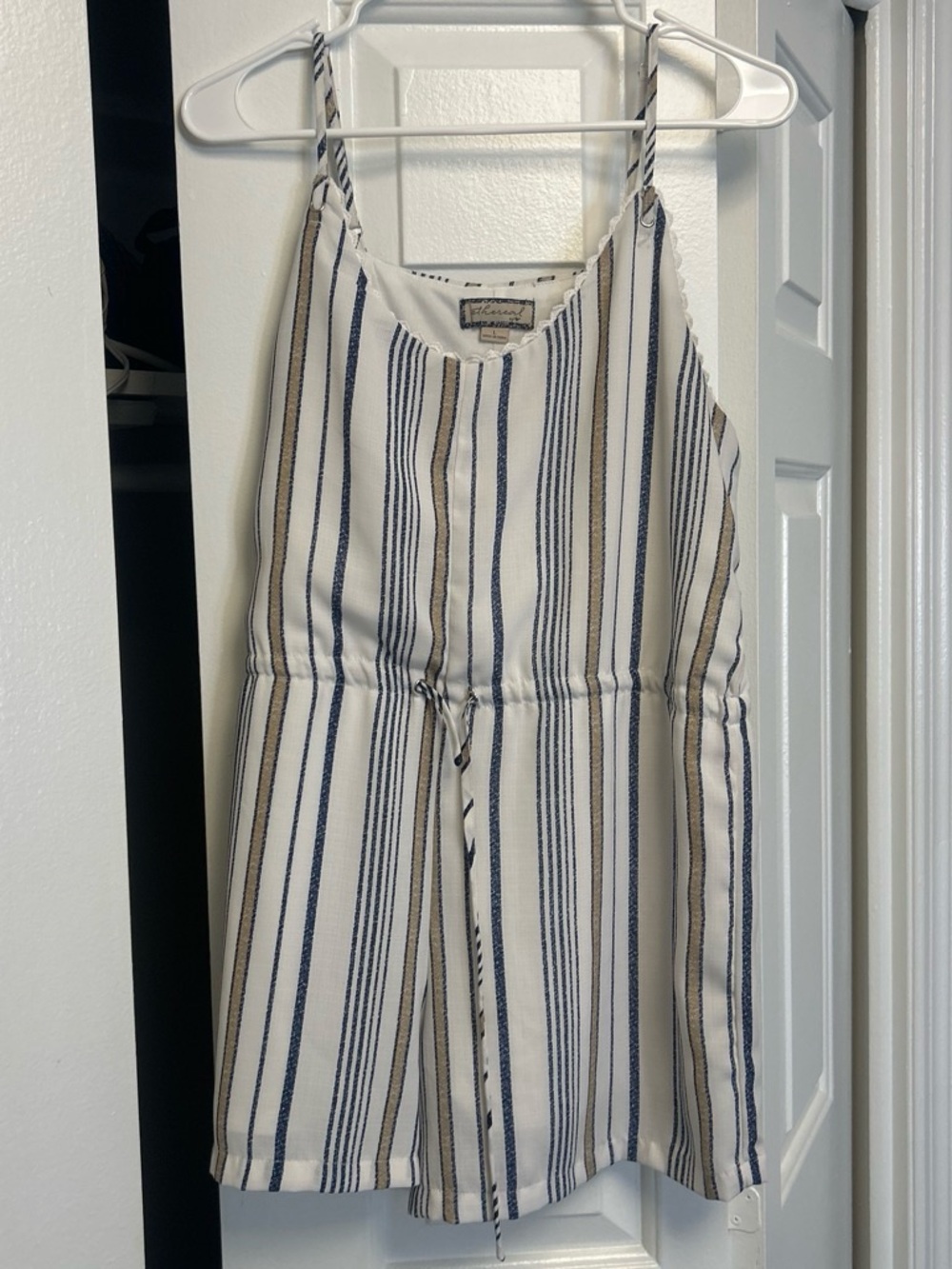 Striped Cream Jumpsuit with Navy & Tan Stripes